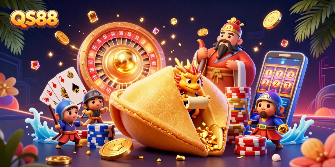 Experience winning moments at QS88, featuring a golden fortune cookie, dragon, and casino excitement.