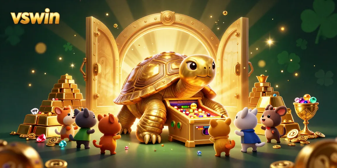 Experience excitement at vswin with a colossal golden tortoise pinball machine in a vibrant casino-themed scene.