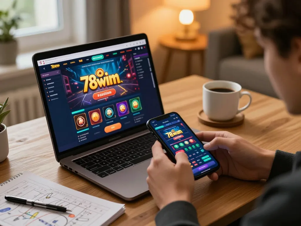 Engaging in 78wim online gambling with a laptop and smartphone in a cozy home setting.