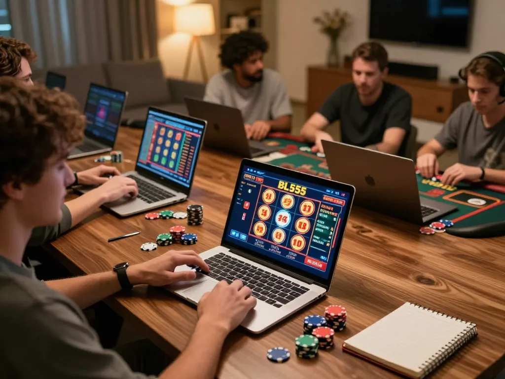 BL555 players engaged in online casino gaming, displaying vibrant slots and poker games strategically.