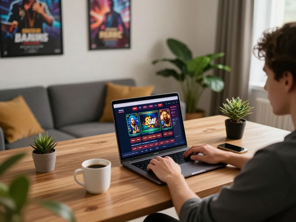 Player engaging with 8day casino app on laptop in a cozy home office