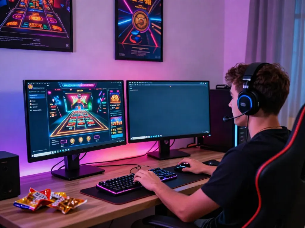 Dynamic gaming setup with online casino interface representing casinos not on gamstop uk, highlighting excitement and engagement.