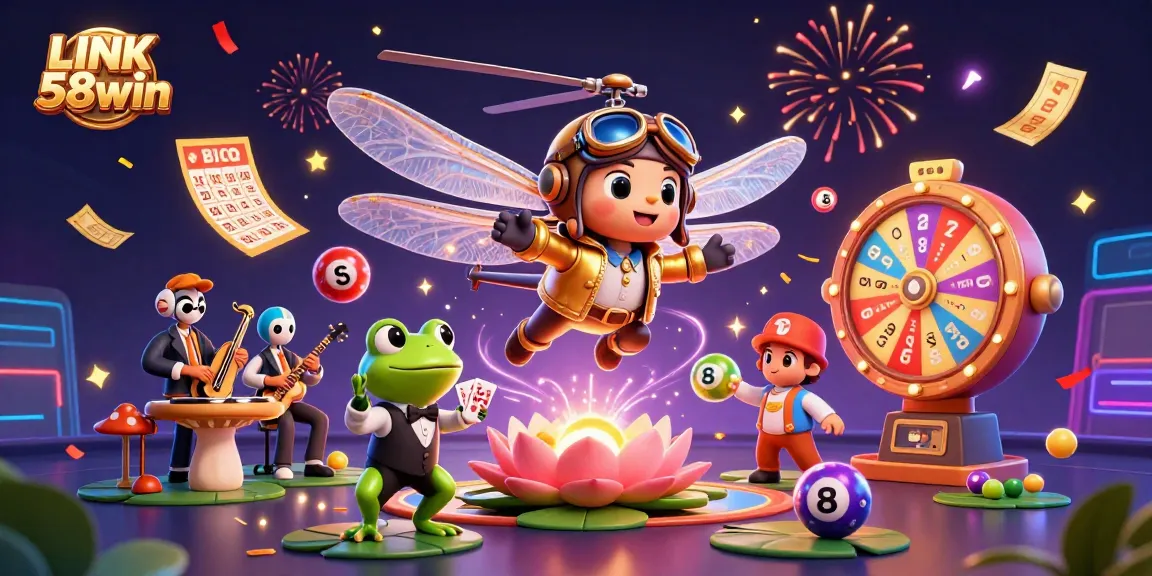 Engage with thrilling games at LINK 58win, where vibrant lottery magic unfolds amidst a festive casino scene.