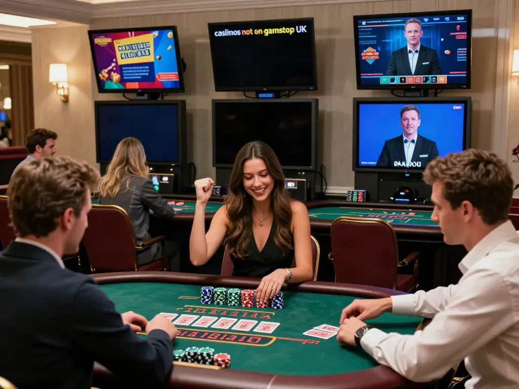 Players enjoying games in casinos not on gamstop UK, celebrating wins and strategizing.