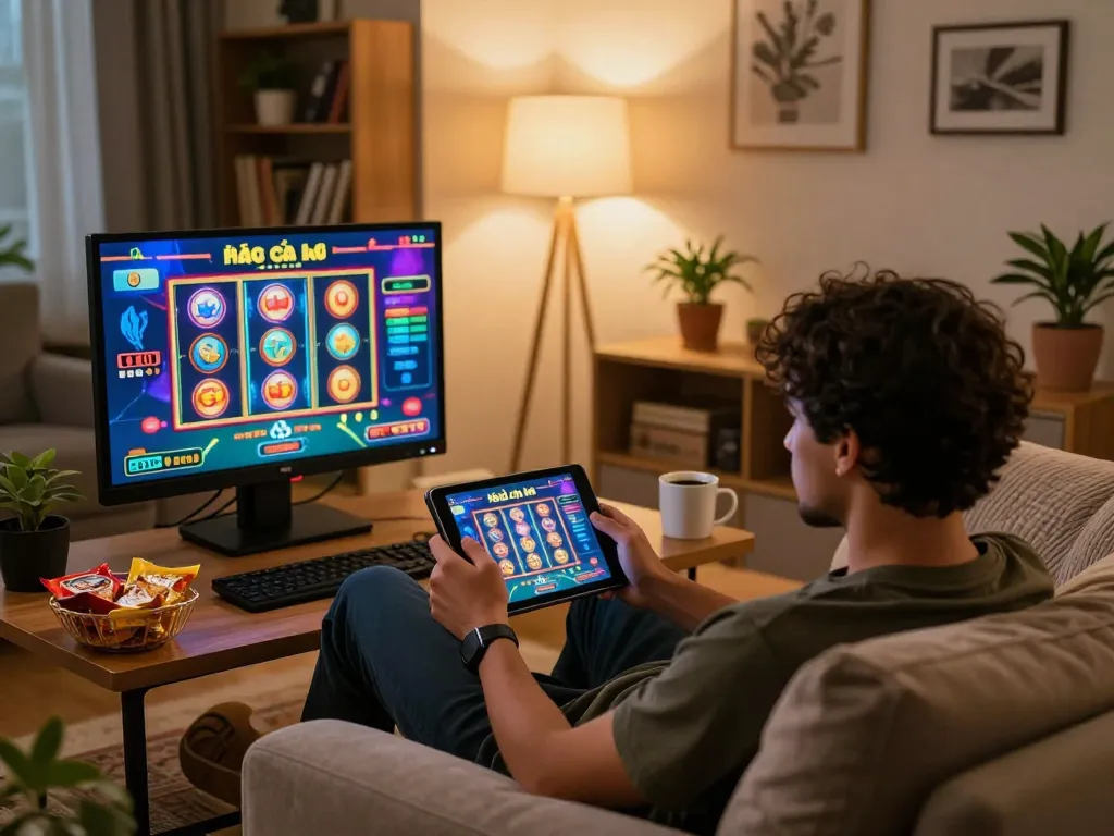 Player engaged in strategic gameplay at nhà cái lv88 on a tablet in a cozy home setting