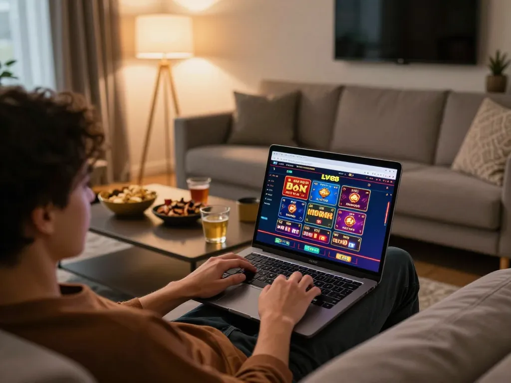 Player engaging with LV88 online casino on laptop in a cozy living room atmosphere.