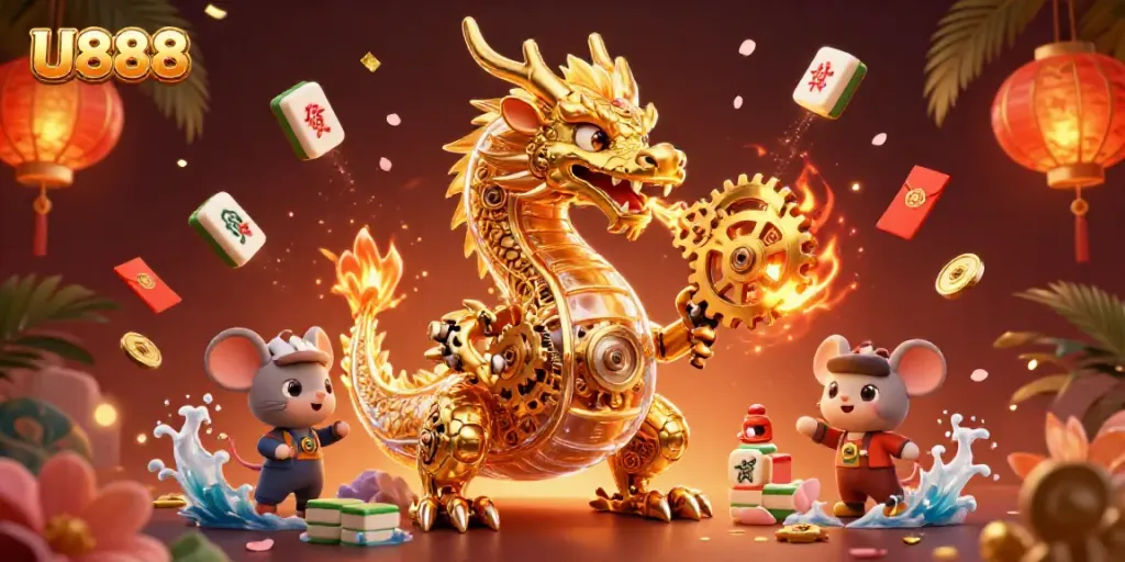 Engage with U888 through this vibrant 3D illustration showcasing a golden dragon and casino elements.