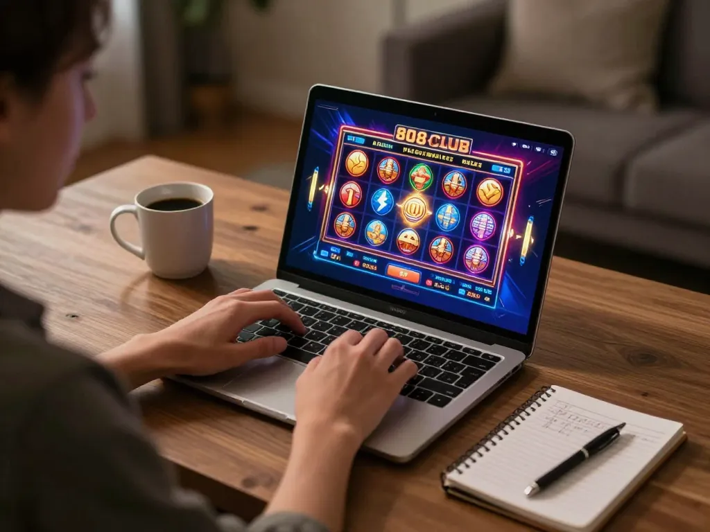 Enjoying a thrilling gaming session at the 808 club, where vibrant slot games come to life on a laptop, enhancing the online gambling experience.