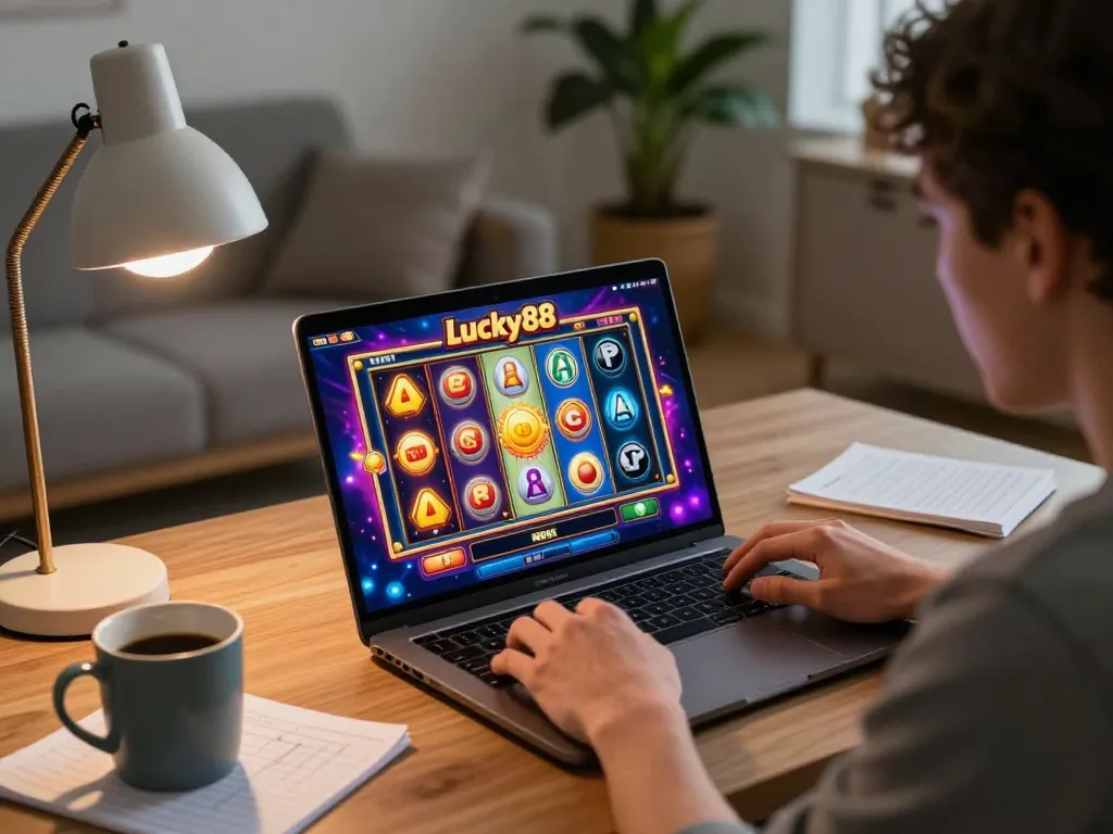 Enjoying Lucky88 online slot gameplay on a laptop in a cozy home environment