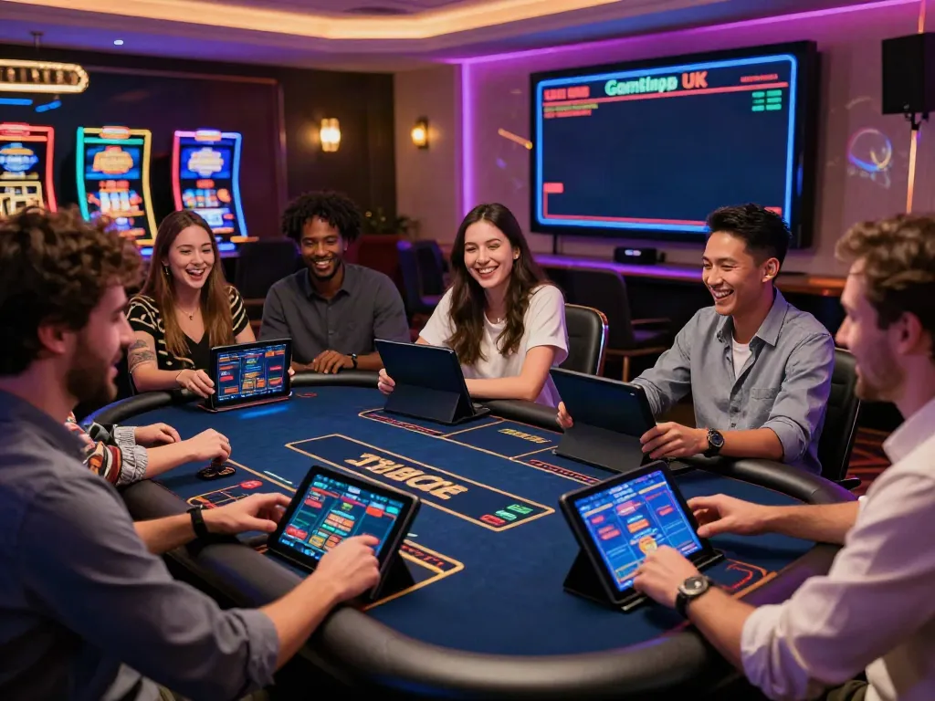 Cheerful players enjoying casinos not on GamStop UK in a vibrant virtual setup.