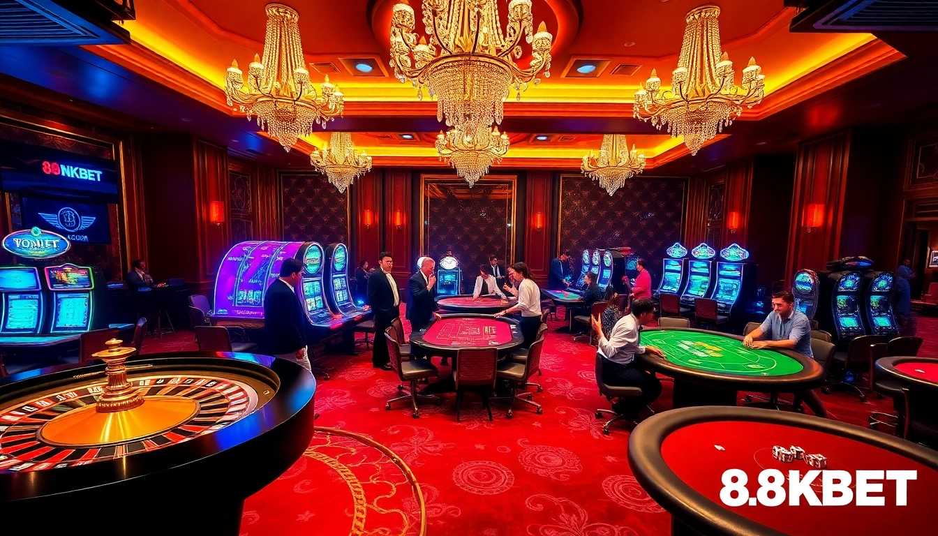 Experience the thrill of 8KBET with vibrant casino games, poker tables, and roulette wheels.