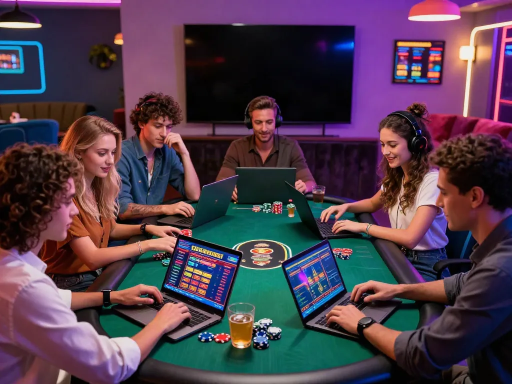 Friends enjoying the thrill of casinos not on Gamstop UK in an energetic gaming lounge.