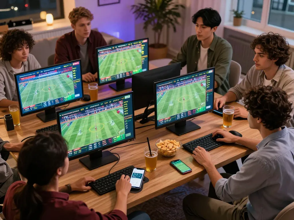 Friends engaging in kèo nhà cái 5 during a sports betting night at home, showcasing live betting excitement.