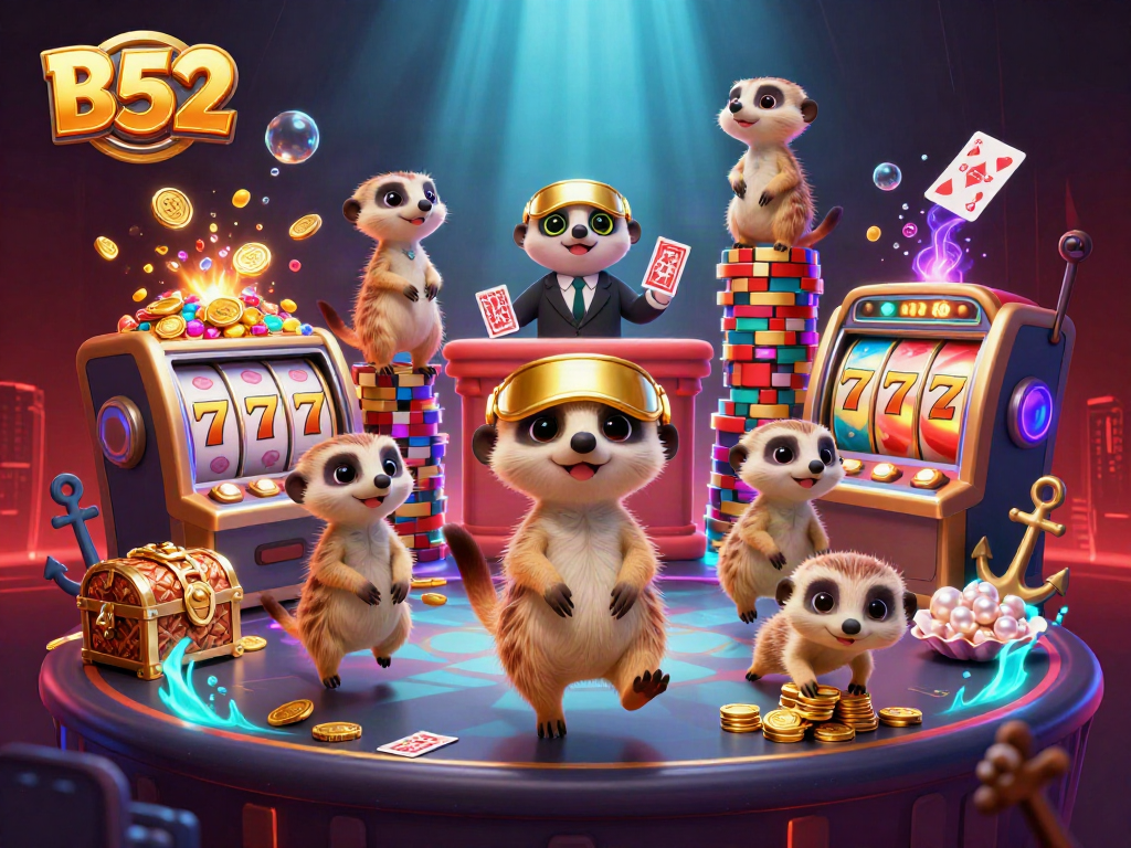 B52 meerkats animatedly engaging in a vibrant casino scene filled with slot machines and gold.