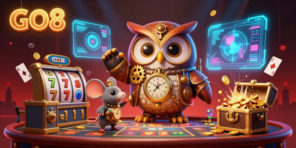 Engage with GO8's vibrant casino scene featuring an owl and mouse amidst thrilling games and treasure.