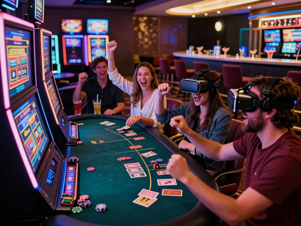 Exciting scene of friends enjoying games at casinos not on Gamstop UK with vibrant atmosphere and digital slot machines.