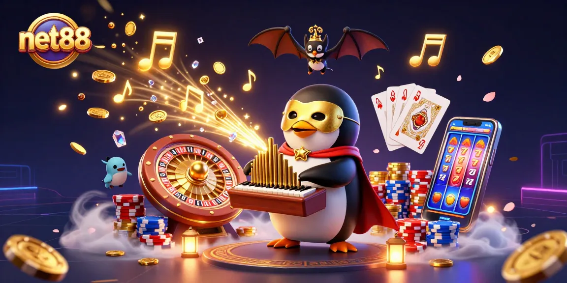 Win big with net88's dynamic cartoon casino scene featuring a phantom penguin and treasures.