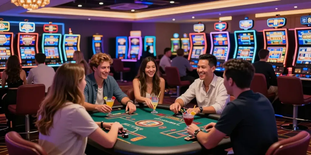 Vibrant gaming scene at casinos not on gamstop uk with excited players.