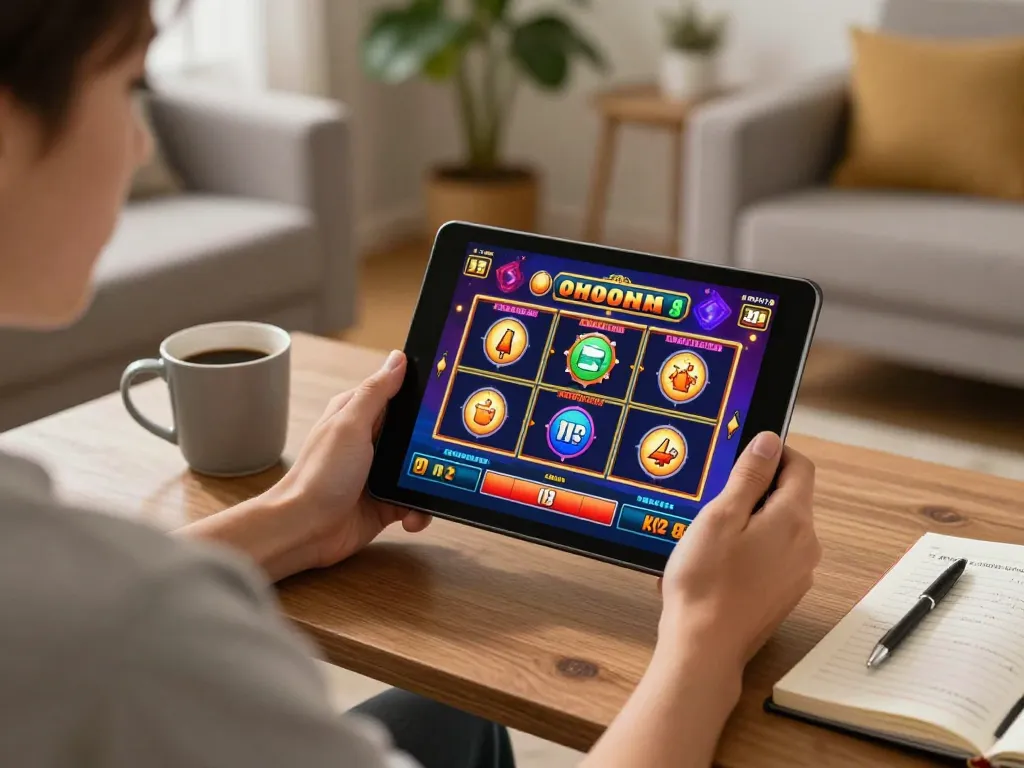 Engaging player interacting with slot games on tablet in a cozy home setting.