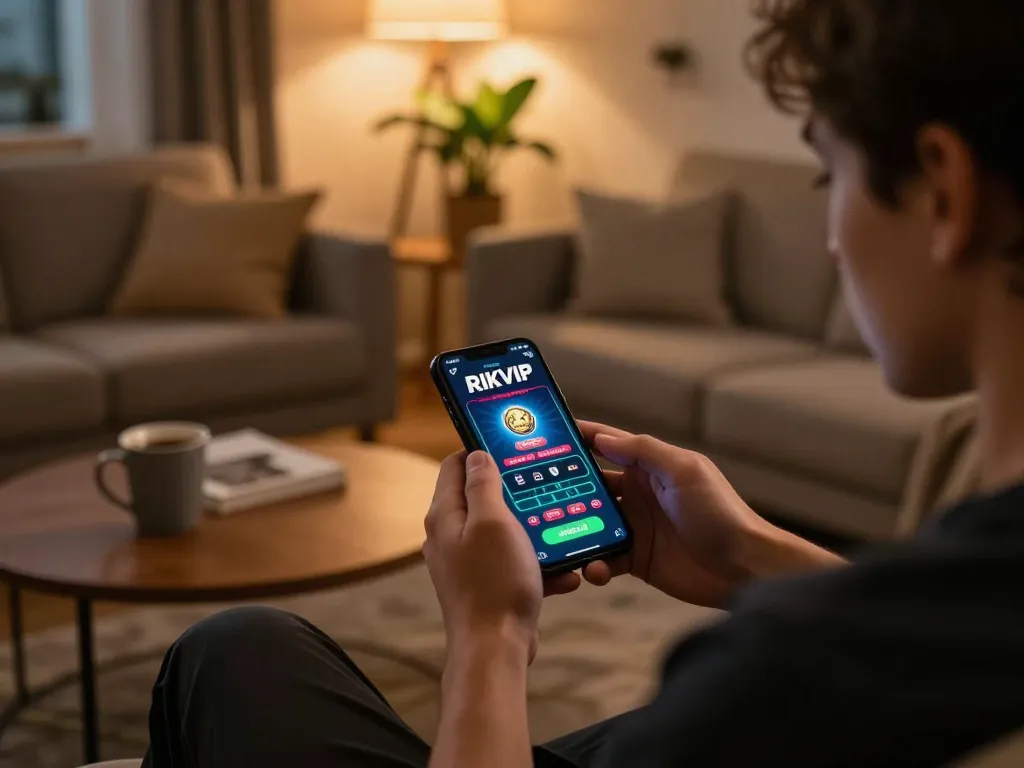Engaging with the RIKVIP app on a smartphone in a cozy home environment, showcasing the mobile gambling experience.