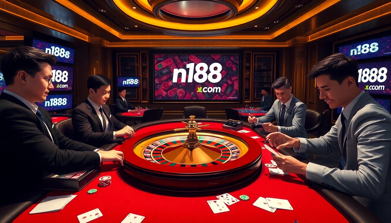 Engaged players enjoy high-stakes action at n188 com roulette table in a luxurious casino setting.