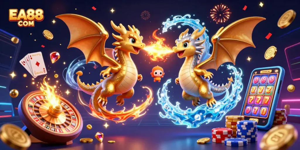 Experience thrilling moments with EA88 COM showcasing a dynamic scene of dragons, casino elements, and vibrant celebrations.