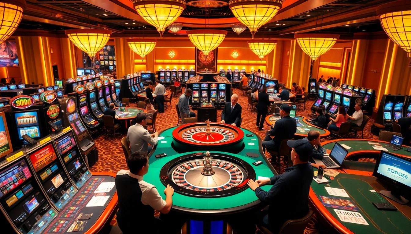 SODO66 gaming scene with vibrant slot machines and engaged players in a luxurious casino