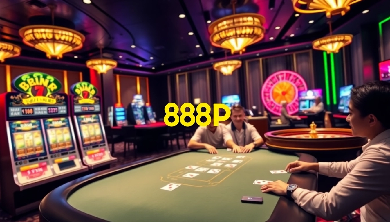 Players engage in thrilling gaming at 888p đăng ký, featuring poker cards and vibrant slots.