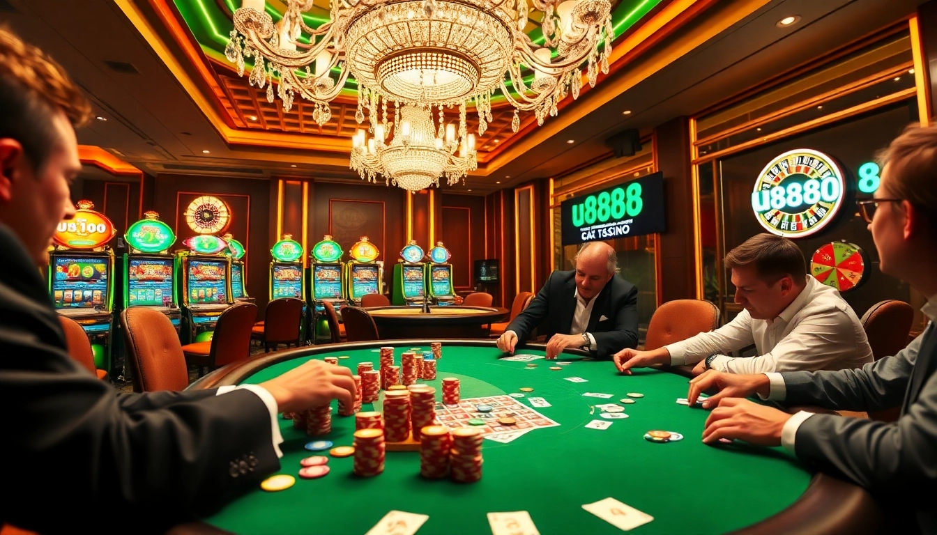 Experience the thrill of high-stakes poker at u88888 casino with vibrant chips and intense players.
