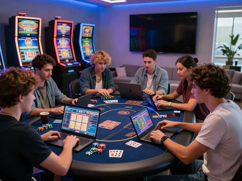 Friends enjoying online games at a stylish virtual casino, featuring casinos not on Gamstop UK.