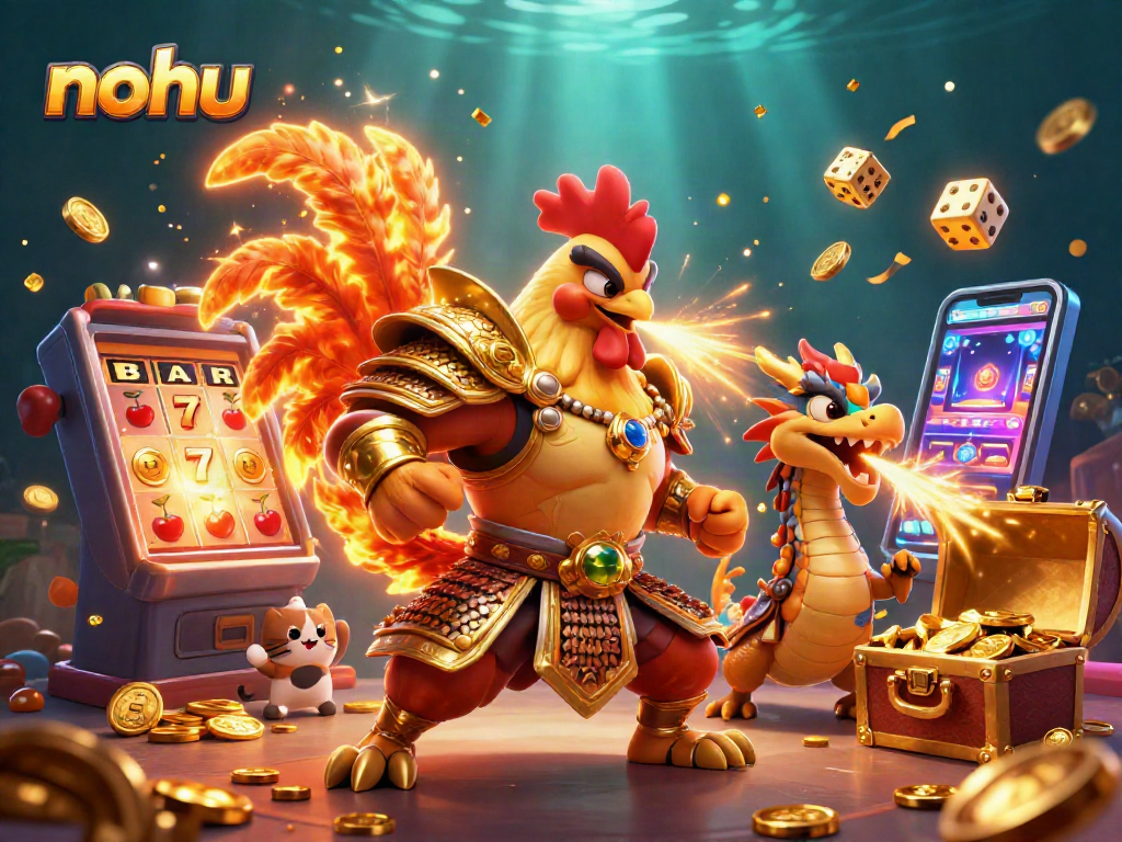 Experience nohu's adventurous slots with a fighting rooster and dragon amid jackpot excitement.