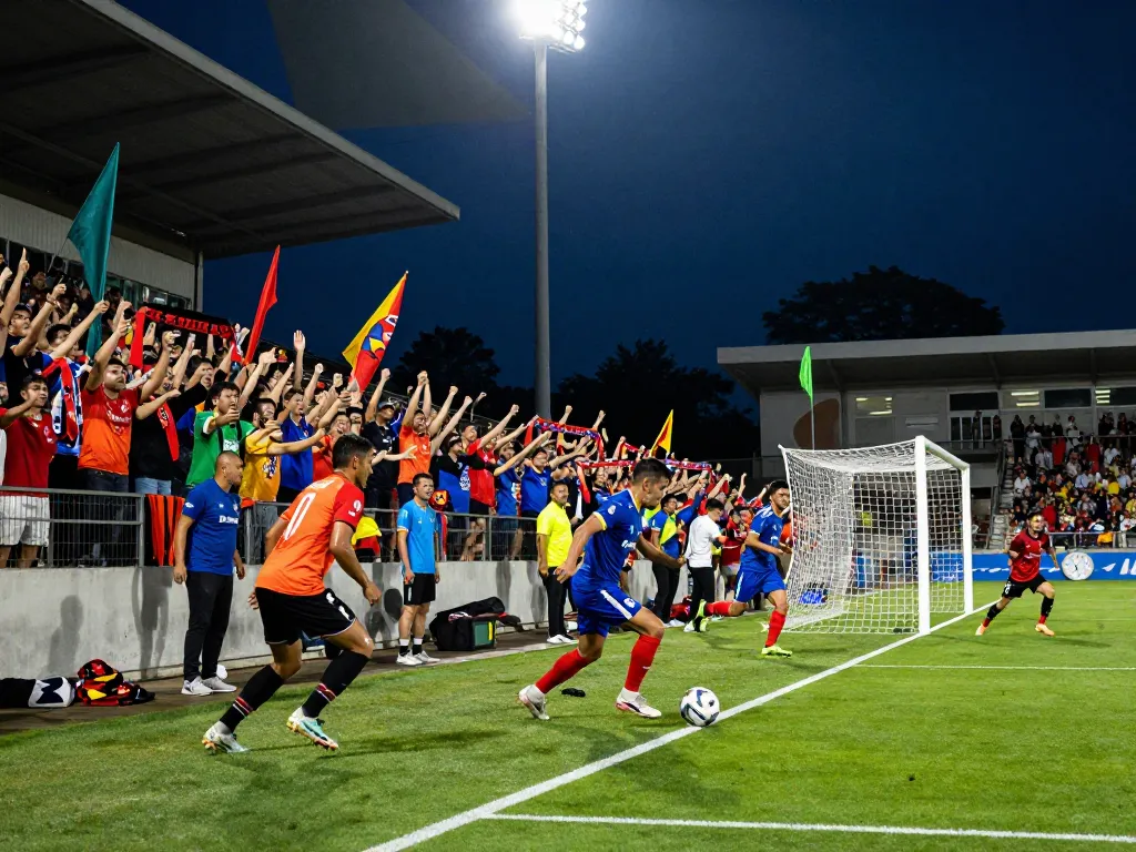 Exciting scene of a vibrant football match showcasing players in action and passionate fans supporting their teams in a stadium filled with energy.