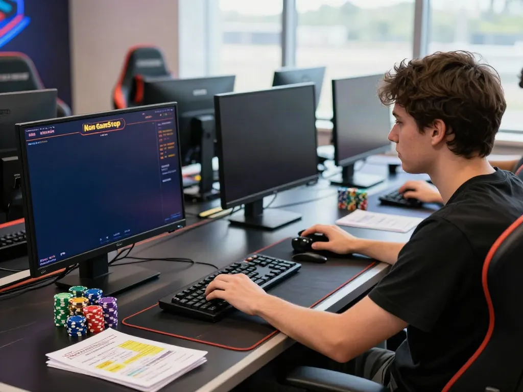 Exciting gaming space with a player exploring casinos not on GamStop UK online, vibrant gaming setup, and chips.