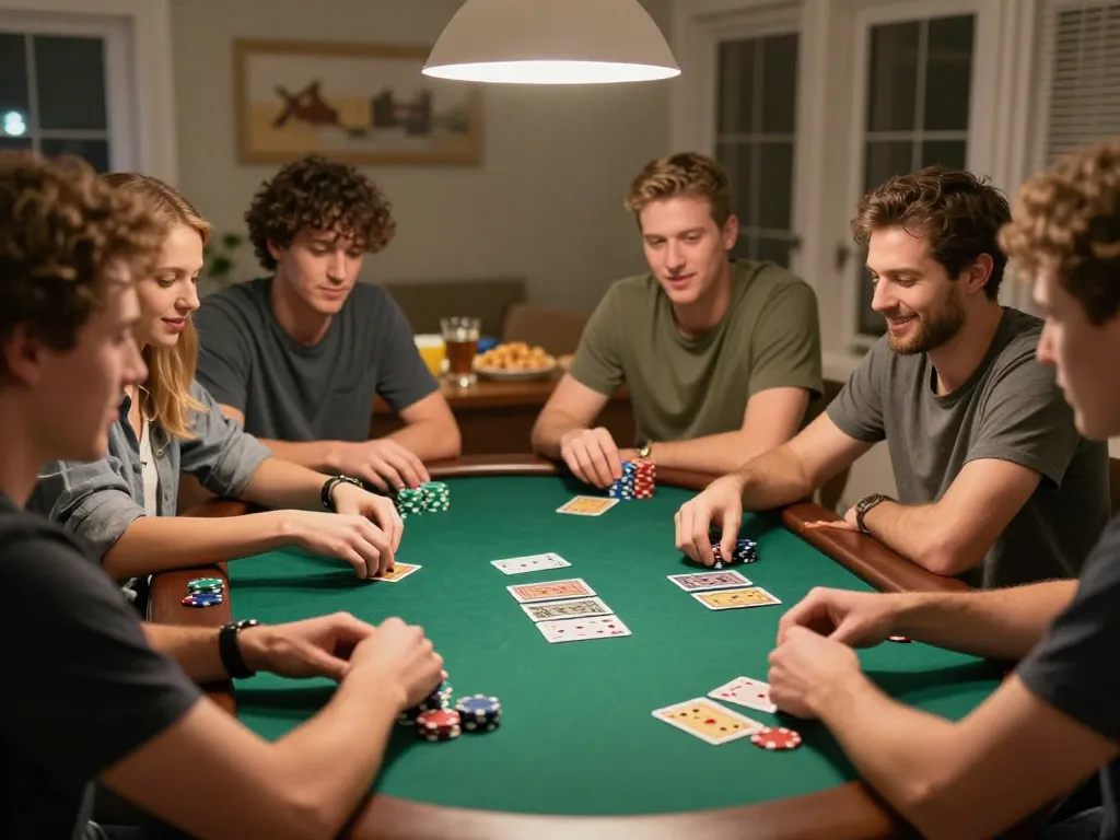 Friends enjoying a poker night game at home, showcasing lively interactions and strategy, highlighting 789WIN excitement.