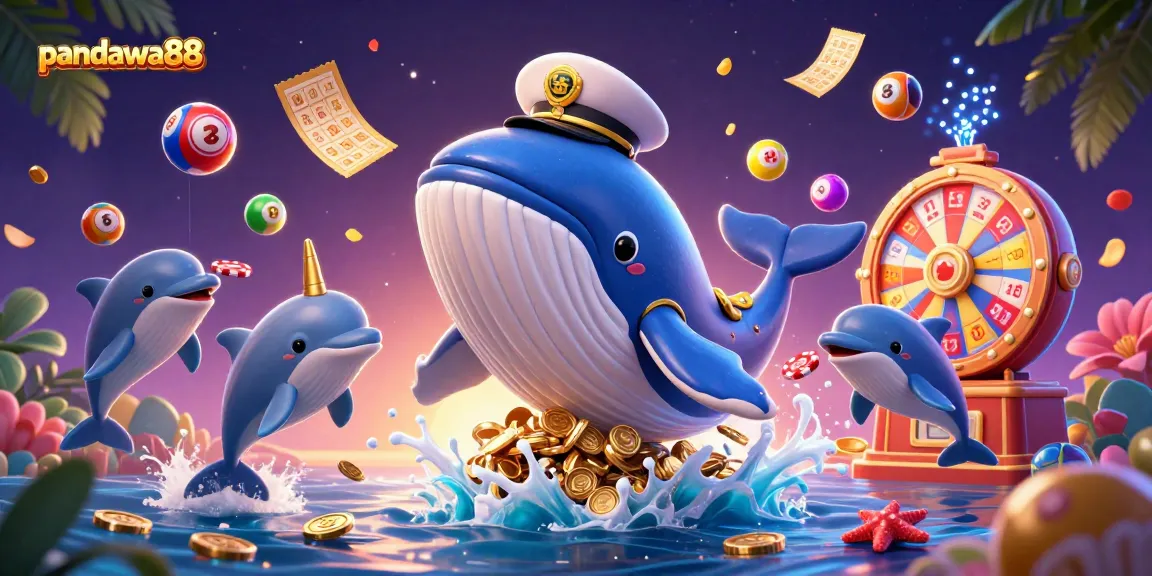 Pandawa88 showcases a vibrant 3D scene with a whale and playful dolphins surrounded by dynamic casino elements for an energetic gaming experience.