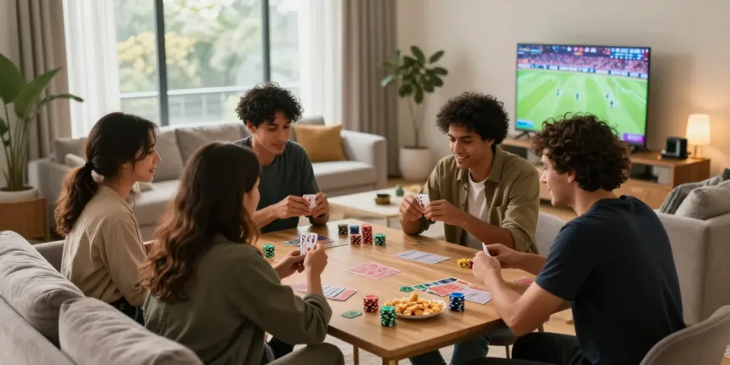 Friends enjoying a card game in a stylish living room, highlighting casinos not on gamstop uk.