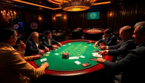 Engaged players at a luxury poker table in a casino, highlighting jl 55 in decor.