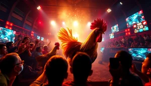 Exciting live cockfighting scene from sv368win.live, featuring vibrant colors and dynamic action.