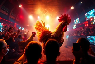 Exciting live cockfighting scene from sv368win.live, featuring vibrant colors and dynamic action.