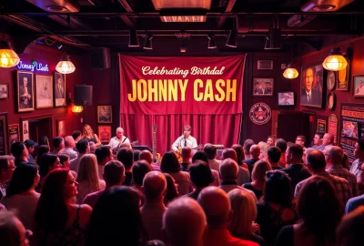 Celebrating at the Johnny Cash Birthday Bash with a warm atmosphere and vibrant crowd at johnnycashbirthday.com.