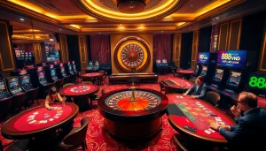 Experience the excitement of 888vnd com in a luxurious casino setting with tables and slot machines.
