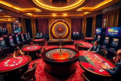 Experience the excitement of 888vnd com in a luxurious casino setting with tables and slot machines.