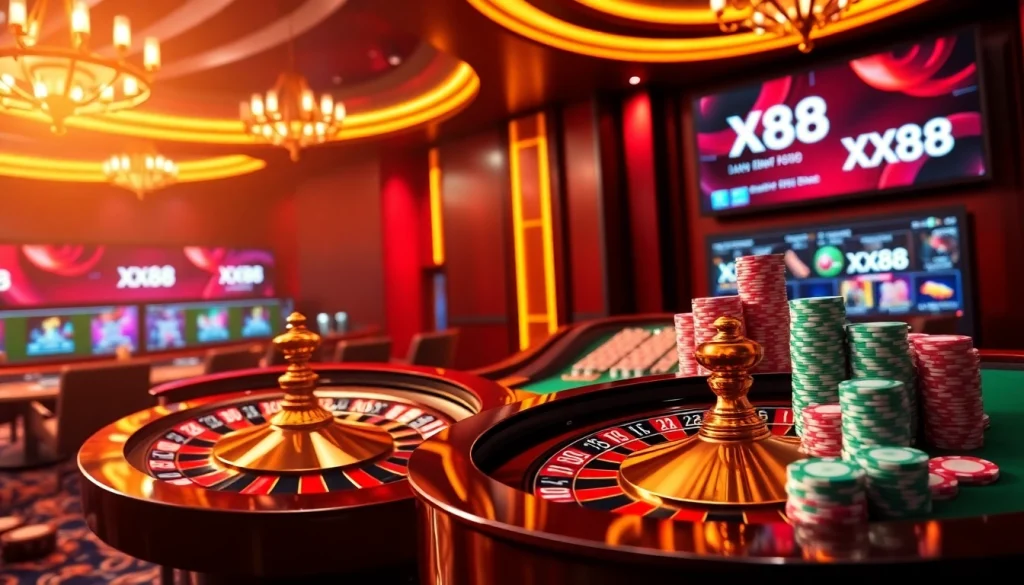 Play exciting games at XX88 casino with vibrant tables and glowing roulette wheel.