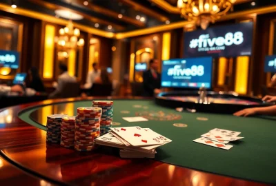 Experience thrilling poker action at https://five88.za.com/ with vibrant chips, cards, and casino ambiance.