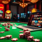 L567 online casino scene depicting a high-stakes poker table, poker chips, and an engaging gambling atmosphere.