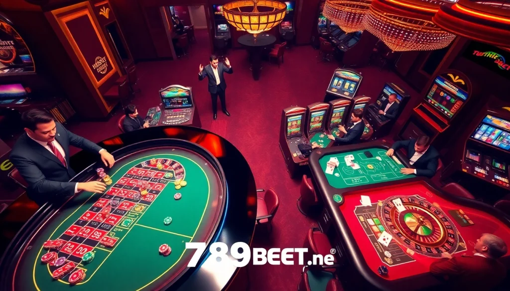 Exciting gambling action at a luxurious casino featuring 789 BET elements in a vibrant roulette scene.