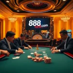 Engaged gamblers playing poker at a luxury casino featuring the dynamic 888vnd com.