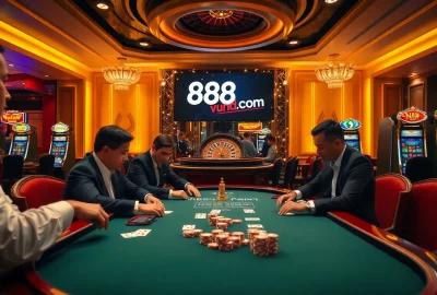 Engaged gamblers playing poker at a luxury casino featuring the dynamic 888vnd com.