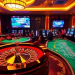 Enjoy gaming at Fun88 com with poker tables and a vibrant roulette wheel in an inviting casino atmosphere.