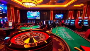 Enjoy gaming at Fun88 com with poker tables and a vibrant roulette wheel in an inviting casino atmosphere.